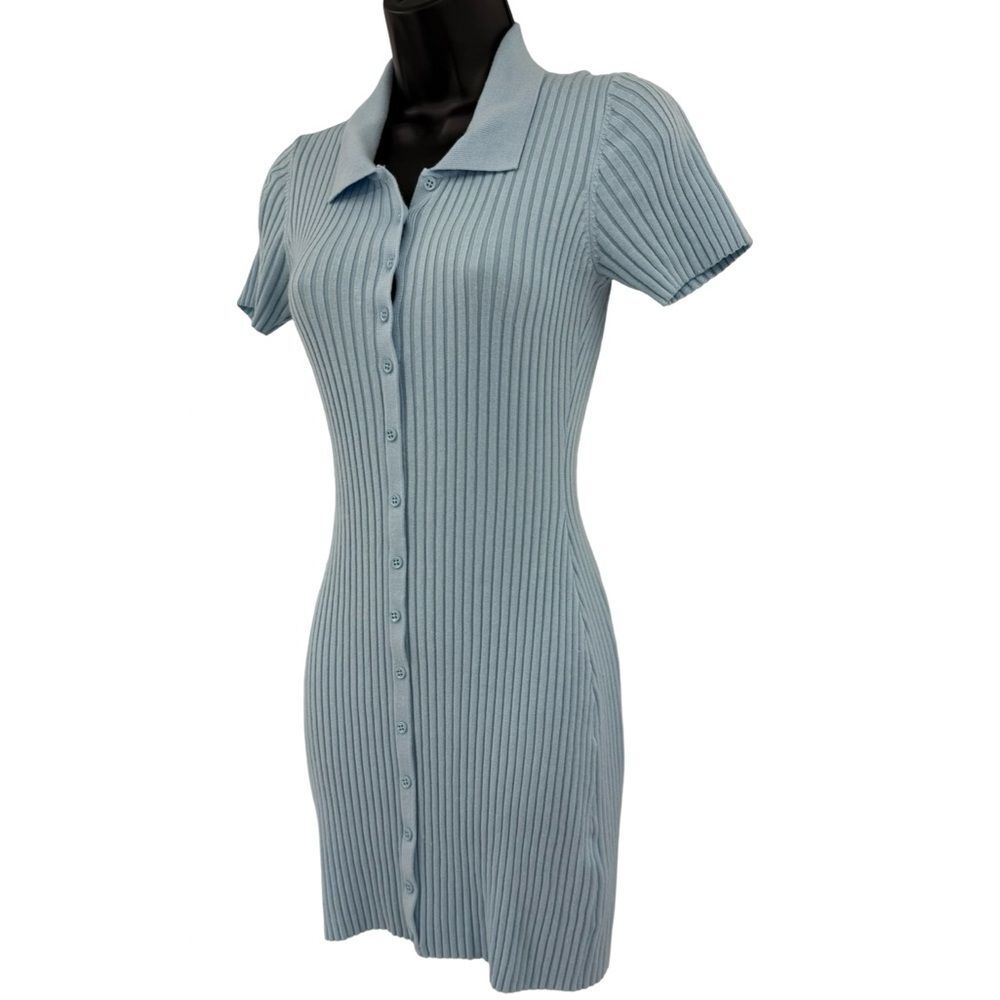 Urban Outfitters Ribbed Polo Button-Front Mini Dress in Light Blue | Size XS - Picture 3 of 7